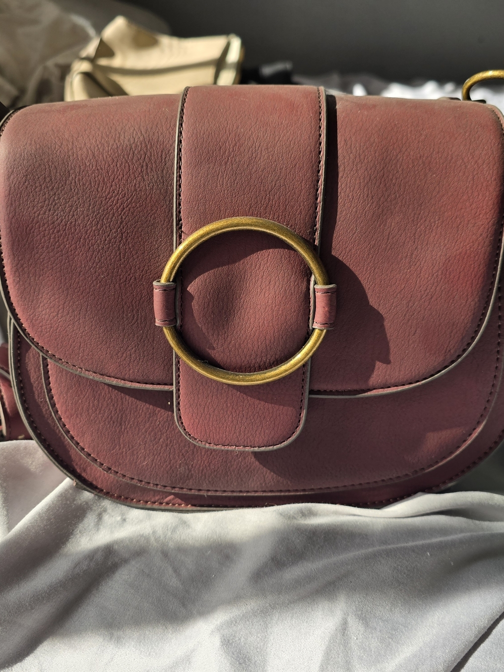 Women’s Burgundy Leather Crossbody Bag with Gold Ring Accent
